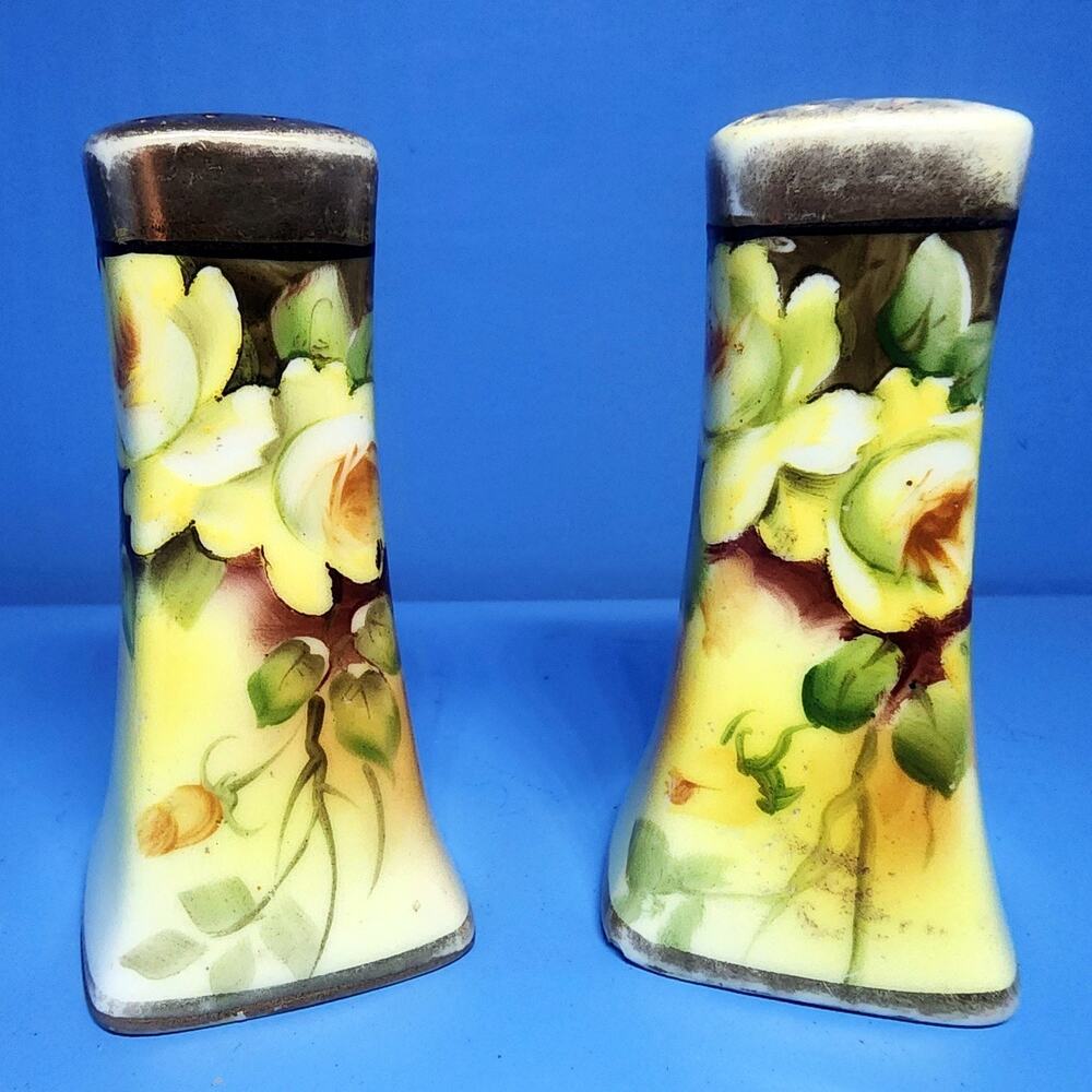Floral Hand Painted Gold Gilded Salt & Pepper Shakers Yellow Roses Japan